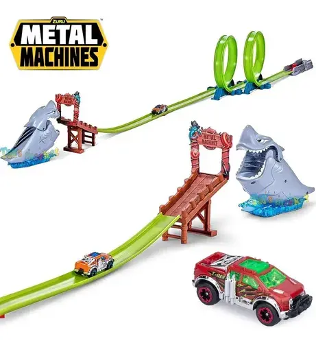 Combo Pista Tiburón Metal Machines Zuru Lanzador + 3 Autitos Gris 3