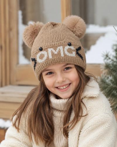 Gorro De Invierno Abrigado Con Oregitas Ojos De Botones Omg Marrón Un Liso 2