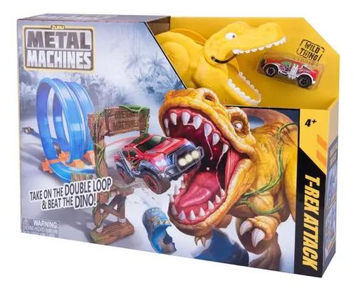 Pista De Autos Dinosaurio Doble Metal Machines T-rex Atack Color Amarillo Y Rojo Azul 5