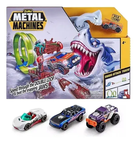 Combo Pista Tiburón Metal Machines Zuru Lanzador + 3 Autitos Gris