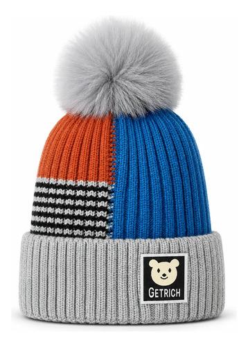 Gorro Infantil De Invierno Abrigado Con Pompon Getrich Gris Un Rayas