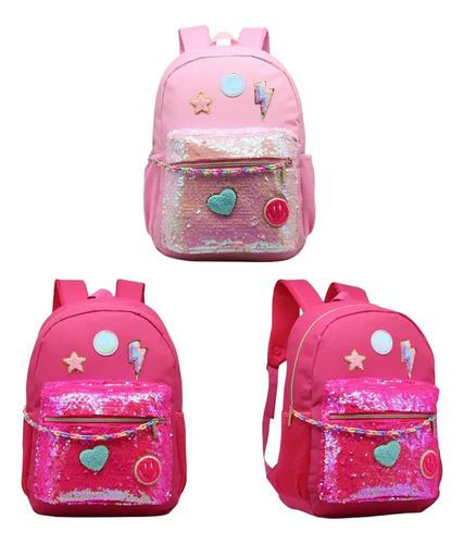 Mochila Escolar Nena Brillante Rosa Negra Reforzada Brillos  10