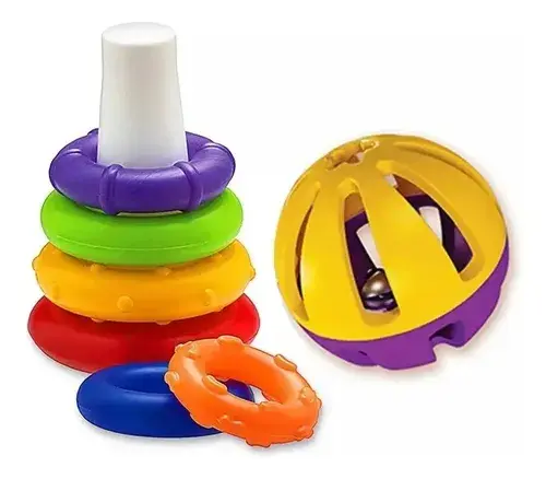 Set 2 En 1 Pelota Con Sonajero + Anillos Apilables Multicolor Bebés 2