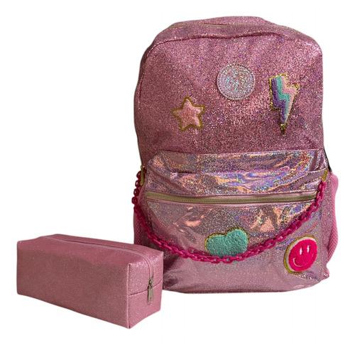 Super Combo Mochila + Cartuchera Glitter Brilla Nena Escolar 3
