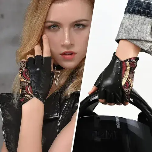 Guantes De Cuero Punk Sin Dedos Mujer Moto Fioretto W180416 Negro S 5