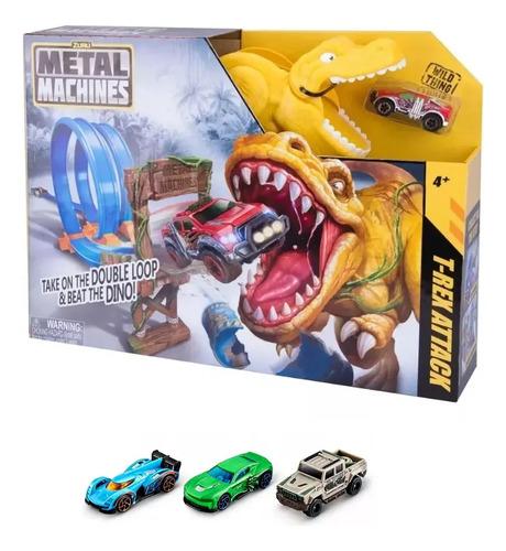 Super Combo Pista Metal Machine Dinosaurio + 3 Autos Wheels Amarillo 10