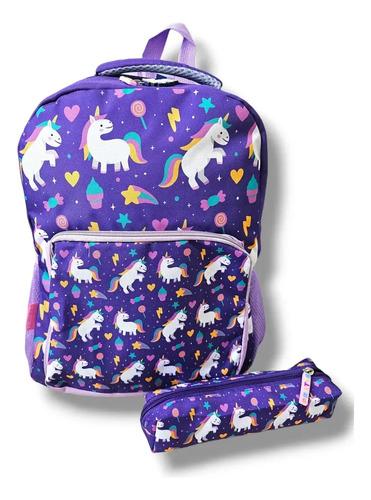 Mochila + Cartuchera Infantil Escolar Unicornio Violeta Nena Violeta Unicornios