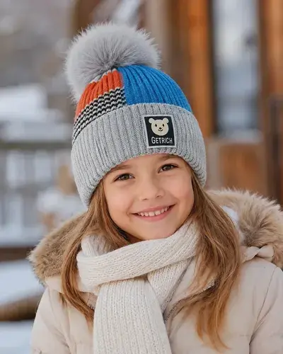 Gorro Infantil De Invierno Abrigado Con Pompon Getrich Gris Un Rayas 2