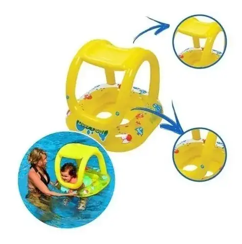 Asiento Bote Flotador Inflable Pasapiernas P Bebes Con Techo Amarillo 2