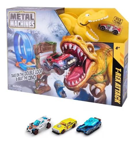 Super Combo Pista Metal Machine Dinosaurio + 3 Autos Wheels Amarillo 9