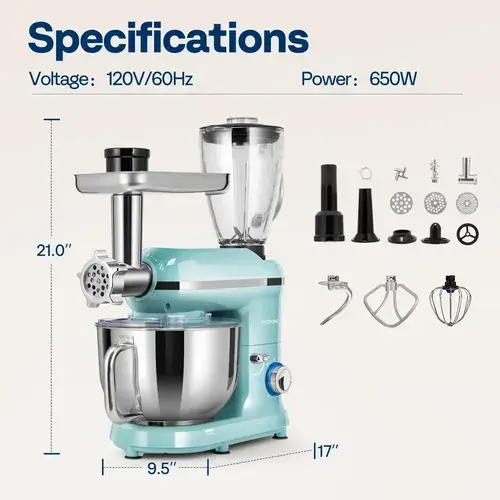 Vivohome Batidora 3 En 1 De Pie Multifuncional Con Tazón Celeste 60 Hz 2