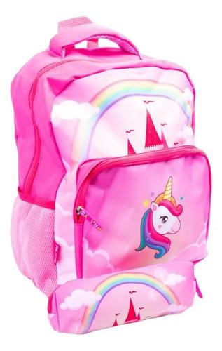 Combo Mochila + Cartuchera Escolar Unicornio Castillo Nena