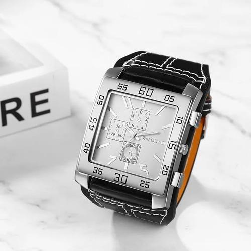 Reloj Jewelrywe Hombre Cuero Negro Cuadrado Casual Negro Plateado Blanco