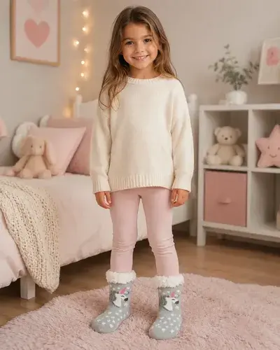 Pantumedias Infantiles Con Corderito Abrigadas Invierno Gris Unicornio 32-35 2