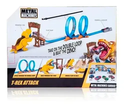 Pista De Autos Dinosaurio Doble Metal Machines T-rex Atack Color Amarillo Y Rojo Azul 6