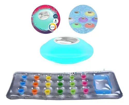 Combo Parlante Para Pileta Sumergible + Colchoneta Portavaso Celeste