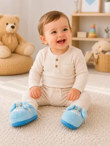 Pantuflas Escarpines Bebe Antideslizante Primeros Paso Abrig Perrito Celeste 12-18 Meses Rayado 3