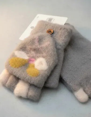 Guantes Sin Dedos Y Capucha Abrigados Conejito 3d City Girl Gris Unico Conejito 4