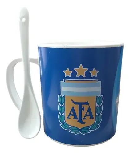 Set Taza Con Mango De La Seleccion Argentina + Cuchara Azul 3 Estrellas