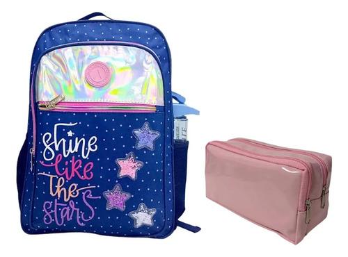 Super Combo Mochila + Cartuchera Escolar Estrellas Brillo