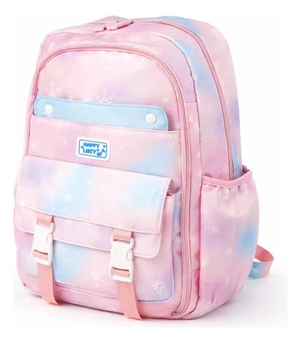 Mochila Escolar Infantil Nena Estampada Nieve Multi Bolsillo Rosa Nieve