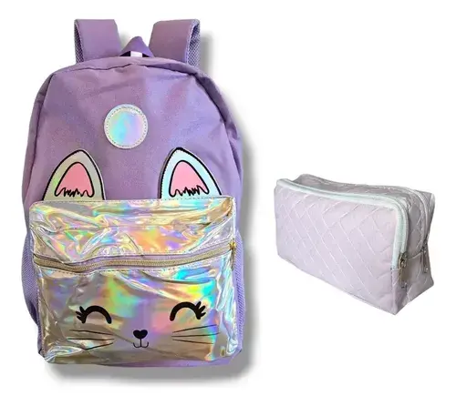 Super Combo Mochila + Cartuchera Escolar Gatito Brillante