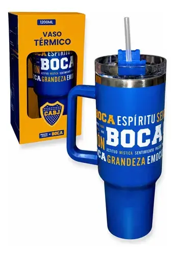 Vaso Térmico Boca Juniors 1200ml Con Tapa + Manija + Sorbete Azul Boca Juniors