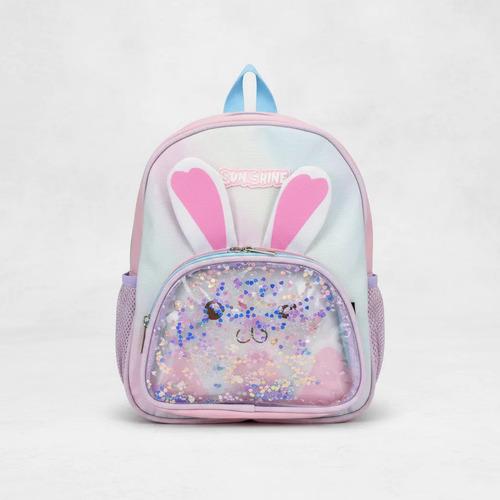 Mochila Infantil Jardin Con Bolsillo Frontal Transparente Rosa Conejito