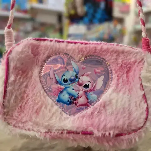Cartera Portacosmetico Neceser Infantil De Stich Azul Y Rosa Rosa Y Blanco Peluche Fucsia Rosa Y Blanco