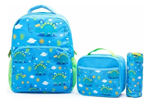 Combo Mochila + Lunchera + Cartuchera Escolar Dinosaurio Celeste Dinosaurio