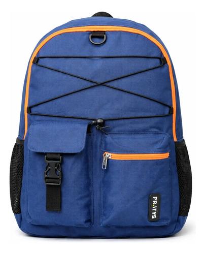 Mochila Escolar Urbana Reforzada Secundaria Facult Bolsillos Azul Con Naranja Tiras
