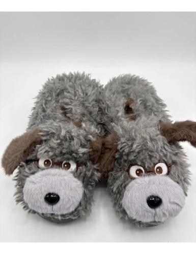 Pantuflas Infantiles Peluche Abrigadas Varios Modelos Unisex Perrito Con Anteojos Gris Con Corderito 34-35