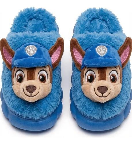 Pantuflas Invierno Infantiles Peluche Suela Antideslizante Perrito Azul Abierto 28-29