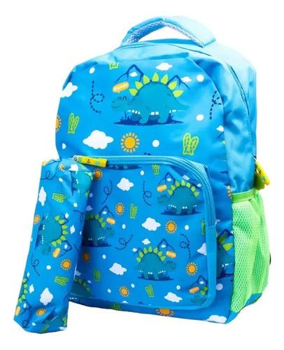 Mochila Escolar Unicornio Castillo Dinosaurio Infantil Niños Color Azul Diseño De La Tela Dinosaurios