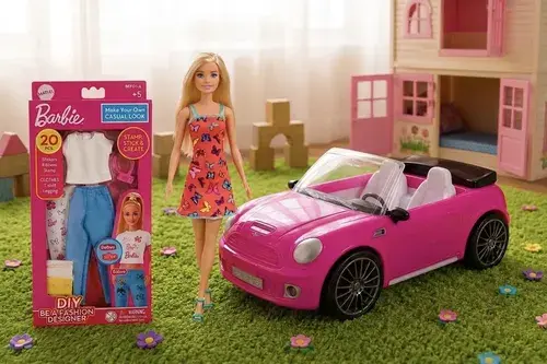 Combo Muñeca Barbie + Auto Fashion + Set Ropa Para Diseñar