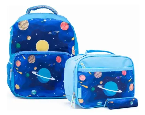 Combo Mochila + Lunchera + Cartuchera Escolar Espacio Planet Azul Astronauta