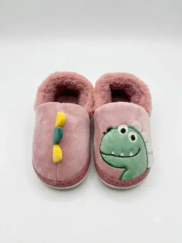 Pantuflas Infantiles Peluche Abrigadas Varios Modelos Unisex Dino Rosa Rojizo Con Corderito 28-29