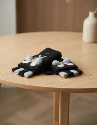 Guantes Sin Dedos Y Capucha Abrigados Conejito 3d City Girl Negro Unico Conejito