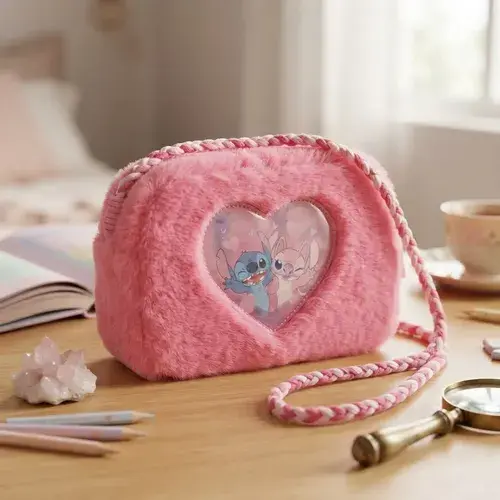 Cartera Portacosmetico Neceser Infantil De Stich Azul Y Rosa Fucsia Peluche Rosa Fucsia Y Blanco