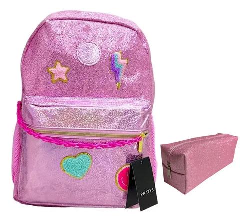 Super Combo Mochila + Cartuchera Glitter Brilla Nena Escolar