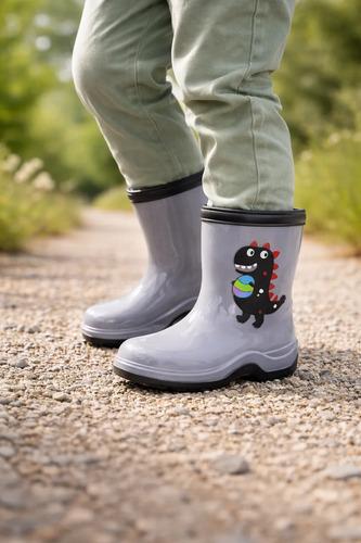 Botas De Lluvia Infantiles Dino Dinosaurios Niño Impermeable Gris Con Negro Dino 29 Ar