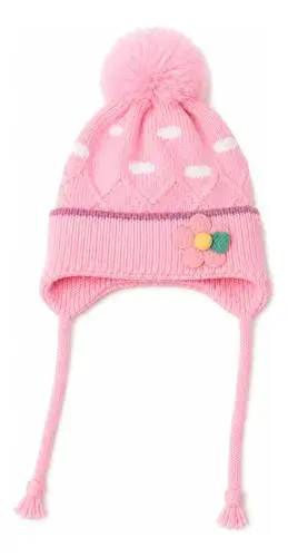 Gorro Con Pompon, Tiras Y Florcita Chullo Invierno Pratys Rosa Un Abrigado