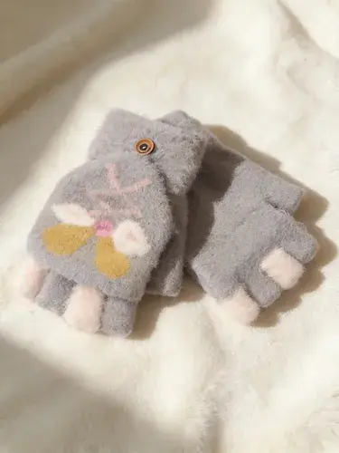 Guantes Sin Dedos Y Capucha Abrigados Conejito 3d City Girl Gris Unico Conejito