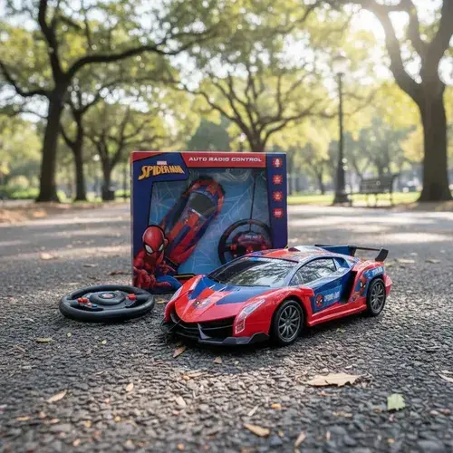 Auto Radio Control Spiderman Con Luces Y Volante Deportivo Rojo Y Azul Spiderman
