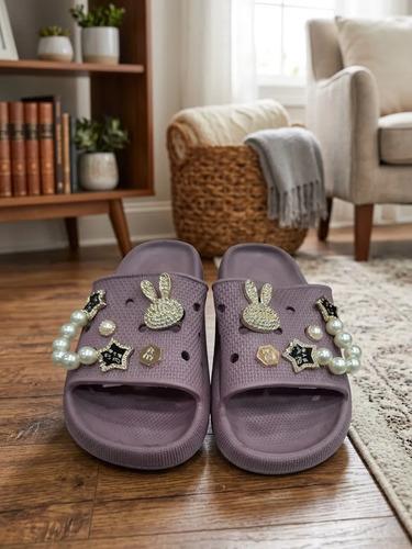 Sandalias Verano De Goma Con Perlas Para Dama Morado Sandalia Verano De Goma Para Dama Morado 38