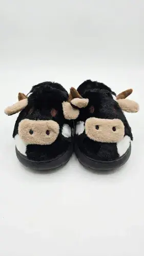 Pantuflas Infantiles Peluche Abrigadas Varios Modelos Unisex Vaca Abierta Negra Con Corderito 30-31
